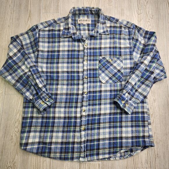 Vintage Wilderness Flannel 2XL Blue White Green Long Sleeve Button Up Shirt Soft - Picture 1 of 12